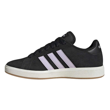 Black-White - Side - Adidas Womens-Ladies Court Base 00s 3 Stripes Suede Trainers