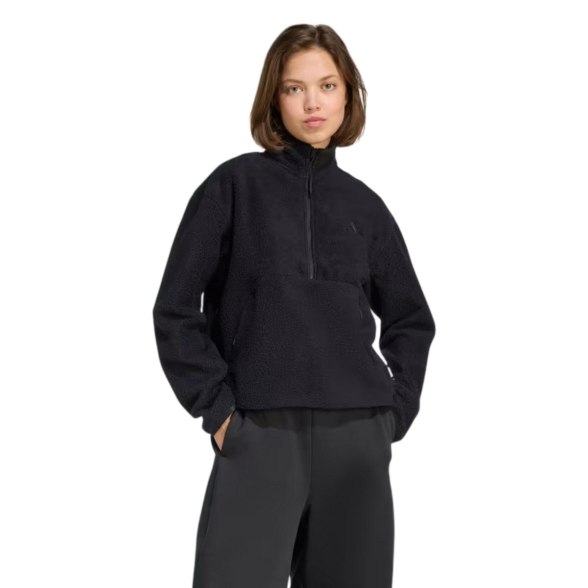 Black - Lifestyle - Adidas Womens-Ladies Embroidered Logo Half Zip Long-Sleeved Sweatshirt
