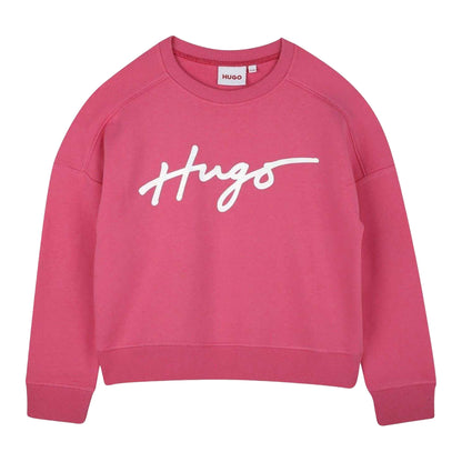 Pink - Front - Hugo Girls Logo Crew Neck Regular Sweatshirt