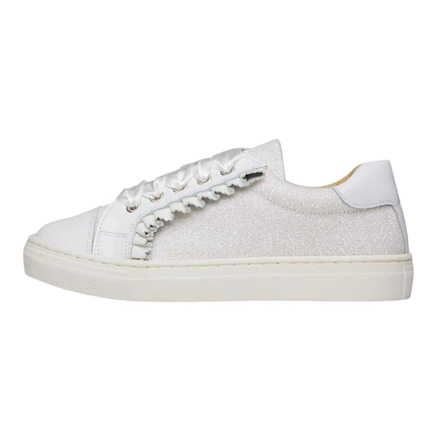 White - Side - Andanines Girls Glitter Patent Leather Flat Trainers