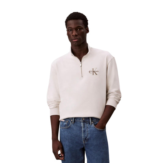 Chalk - Front - Calvin Klein Mens Monogram Quarter Zip Sweatshirt
