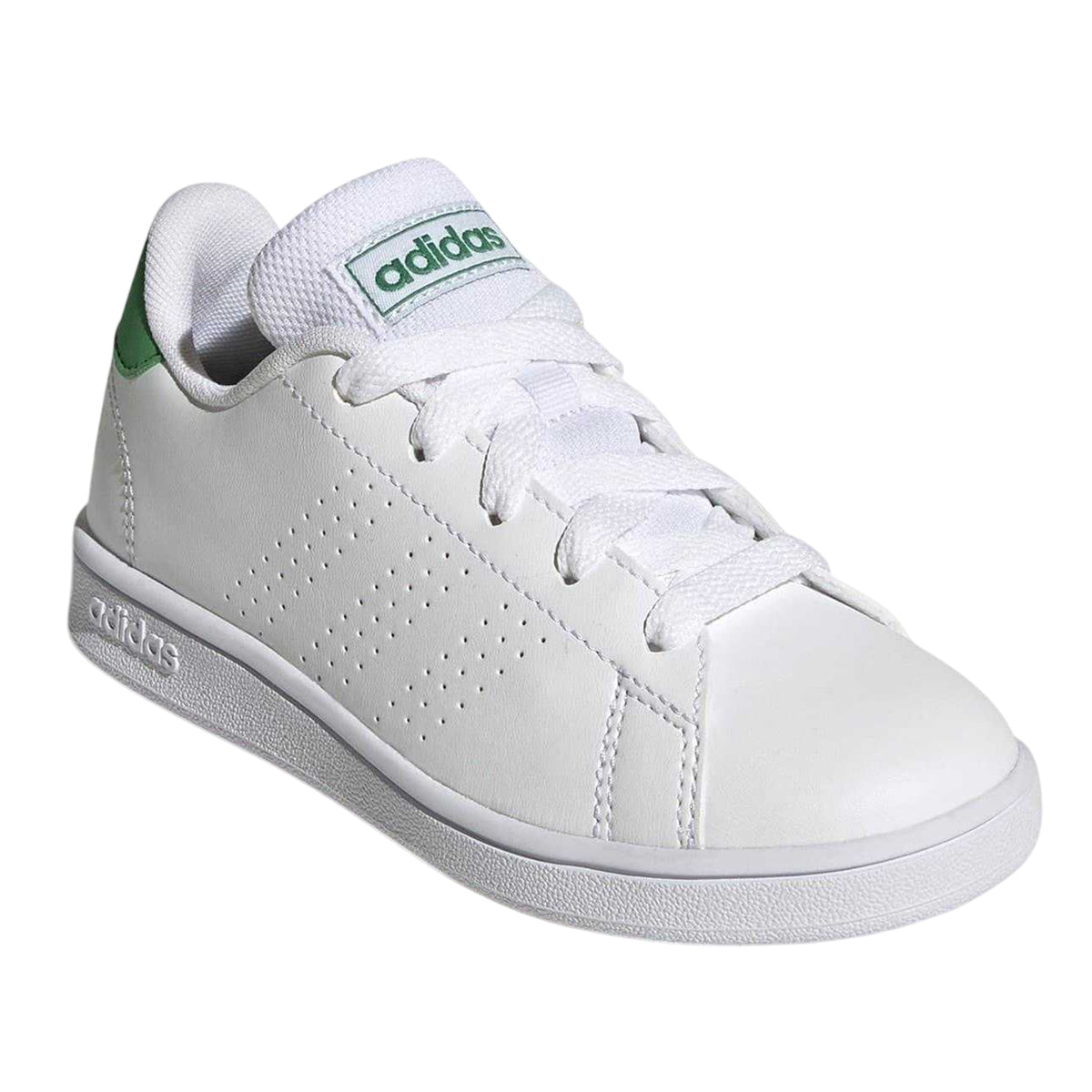 White-Green - Pack Shot - Adidas Childrens-Kids Advantage Flat Trainers