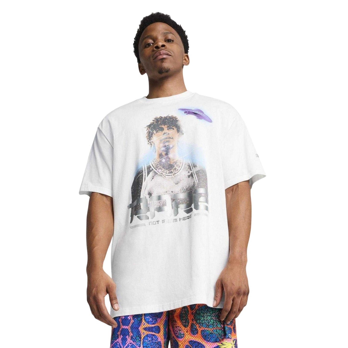 Puma White - Side - Puma Mens LaMelo Ball UFO Metallic Relaxed Fit T-Shirt