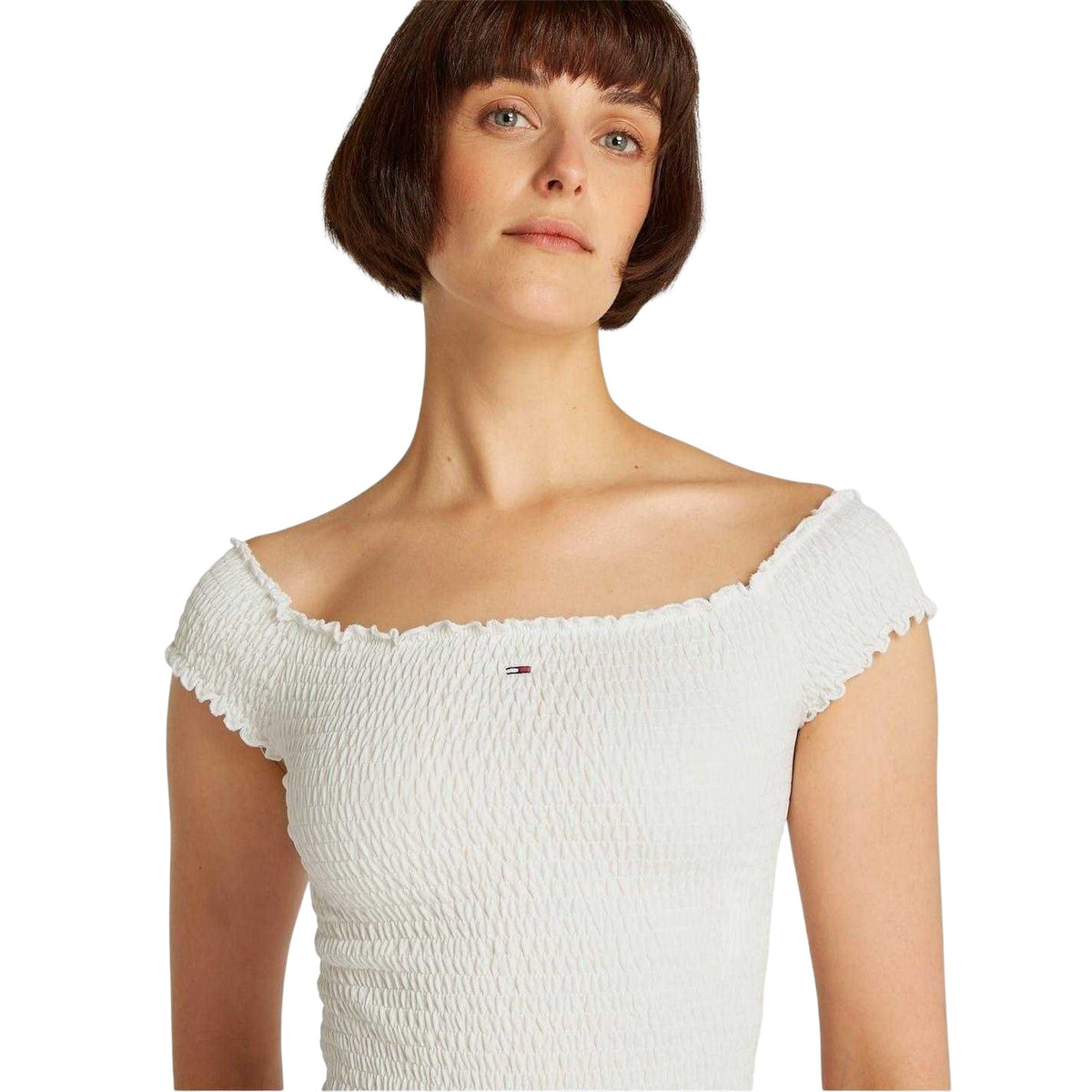 Ecru - Side - Tommy Jeans Womens-Ladies Mini Logo Off Shoulder Slim Smock Top