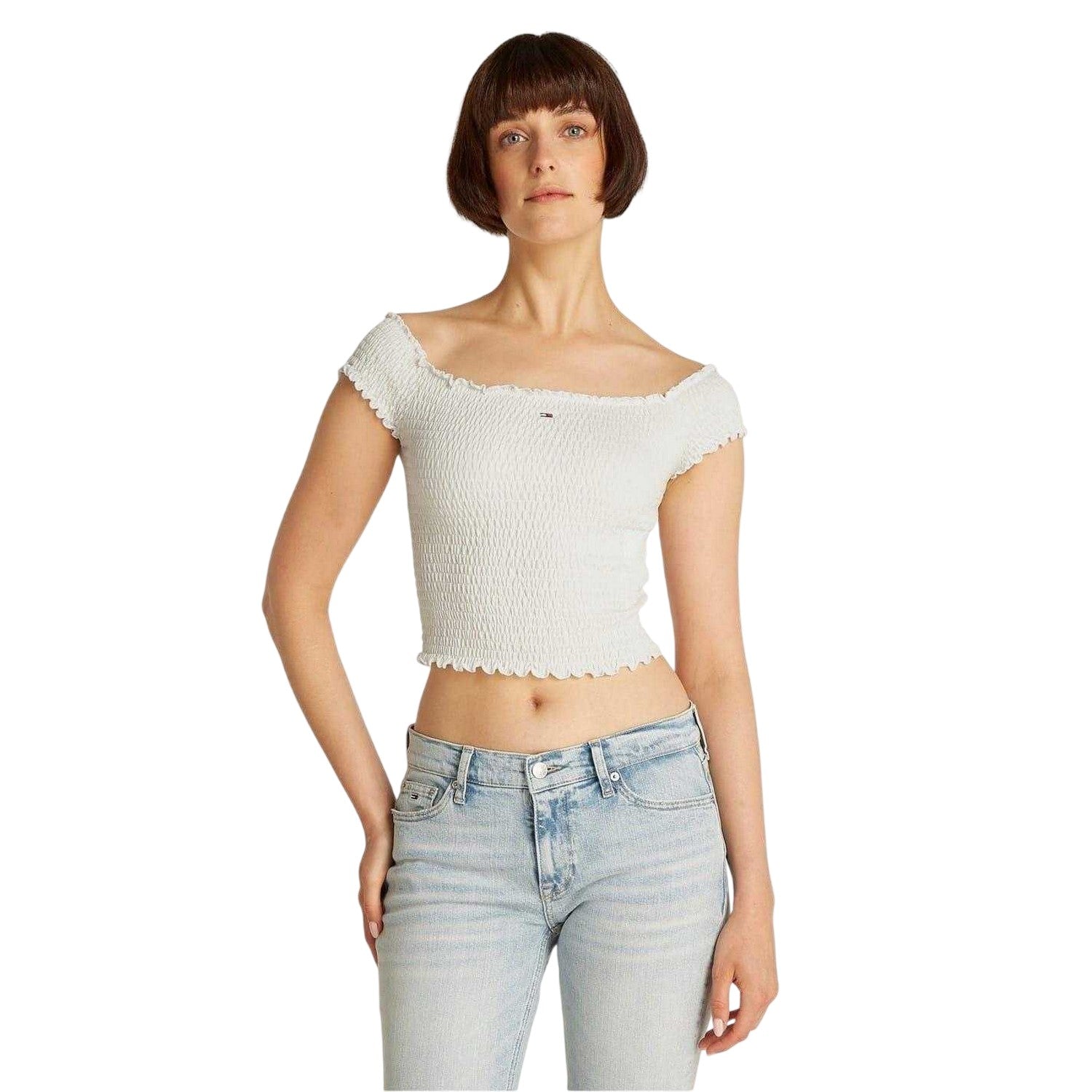 Ecru - Lifestyle - Tommy Jeans Womens-Ladies Mini Logo Off Shoulder Slim Smock Top