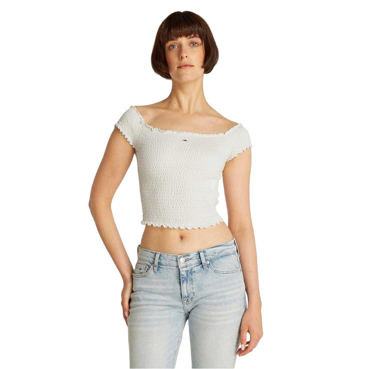 Ecru - Lifestyle - Tommy Jeans Womens-Ladies Mini Logo Off Shoulder Slim Smock Top