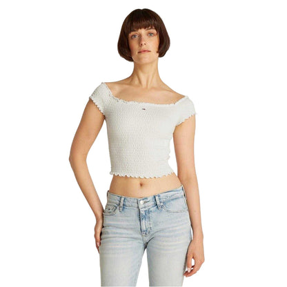 Ecru - Lifestyle - Tommy Jeans Womens-Ladies Mini Logo Off Shoulder Slim Smock Top