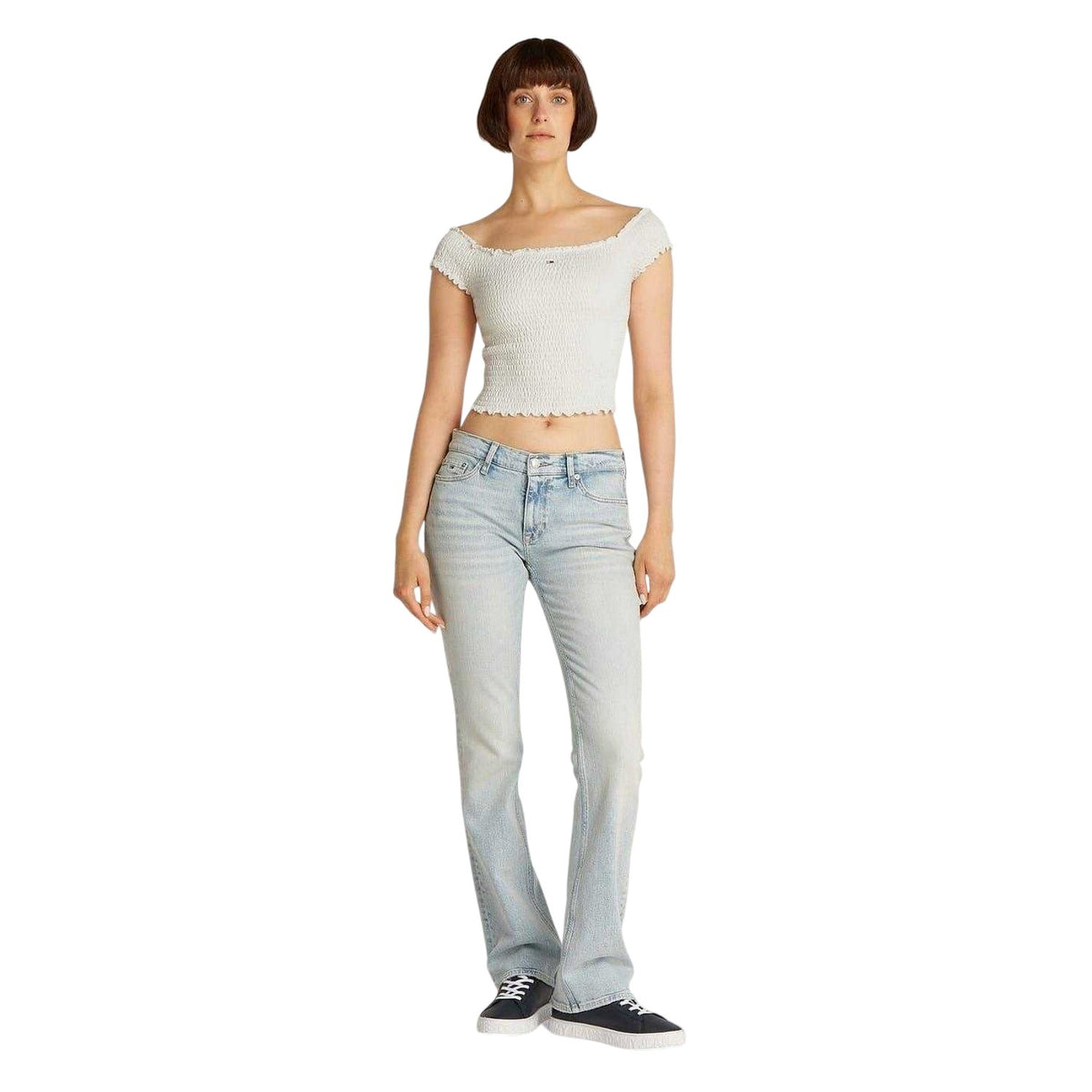 Ecru - Pack Shot - Tommy Jeans Womens-Ladies Mini Logo Off Shoulder Slim Smock Top