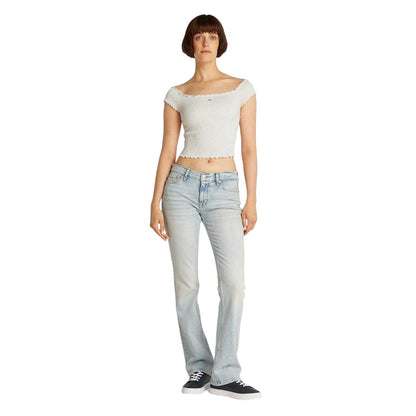 Ecru - Pack Shot - Tommy Jeans Womens-Ladies Mini Logo Off Shoulder Slim Smock Top