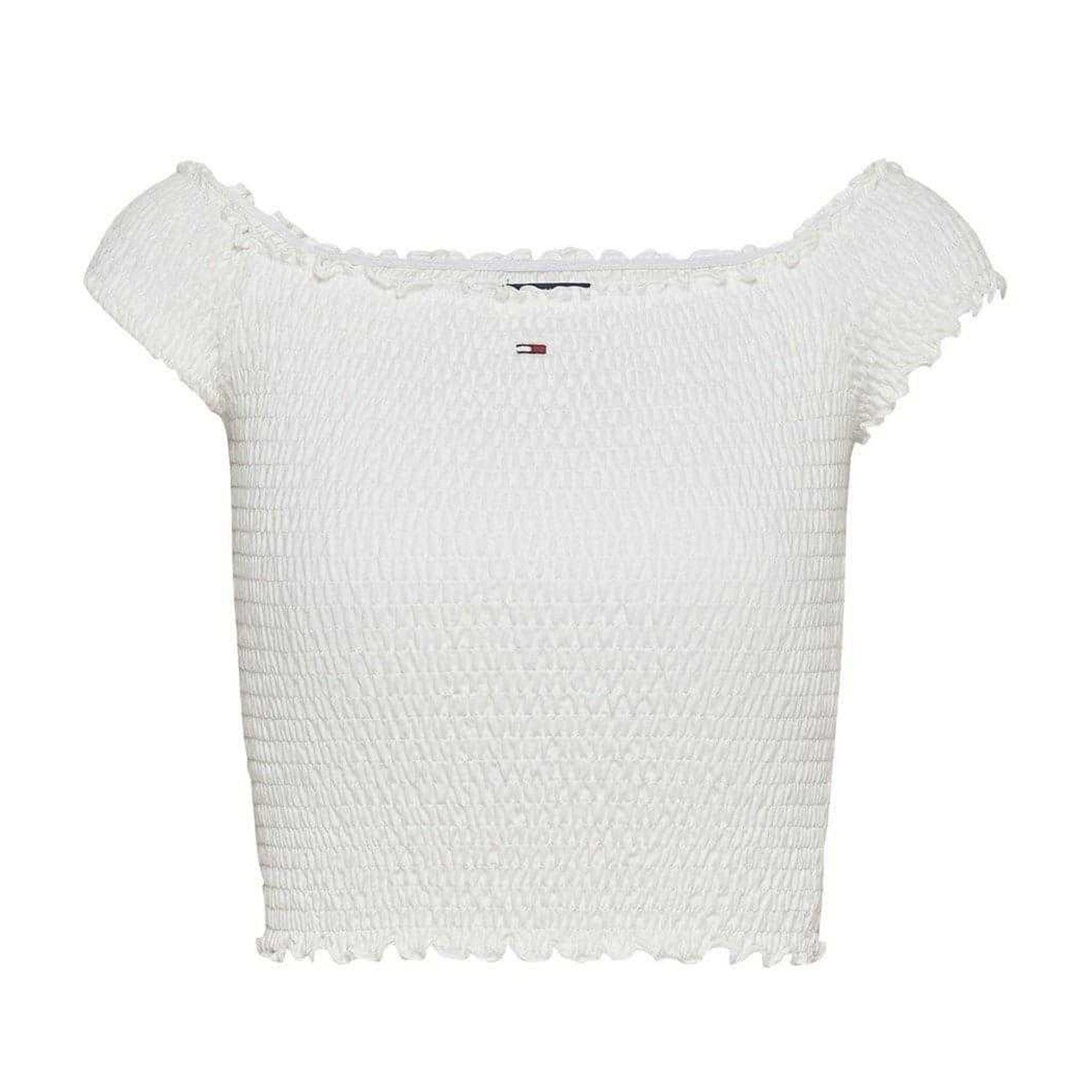 Ecru - Front - Tommy Jeans Womens-Ladies Mini Logo Off Shoulder Slim Smock Top