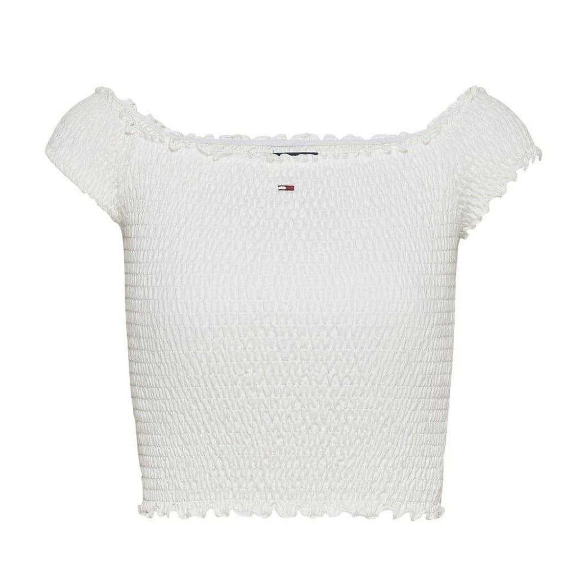 Ecru - Front - Tommy Jeans Womens-Ladies Mini Logo Off Shoulder Slim Smock Top