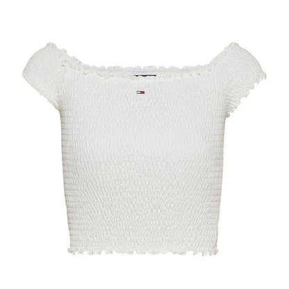Ecru - Front - Tommy Jeans Womens-Ladies Mini Logo Off Shoulder Slim Smock Top
