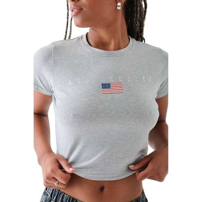 Grey - Side - Daisy Street Womens-Ladies LA Flag Crop T-Shirt