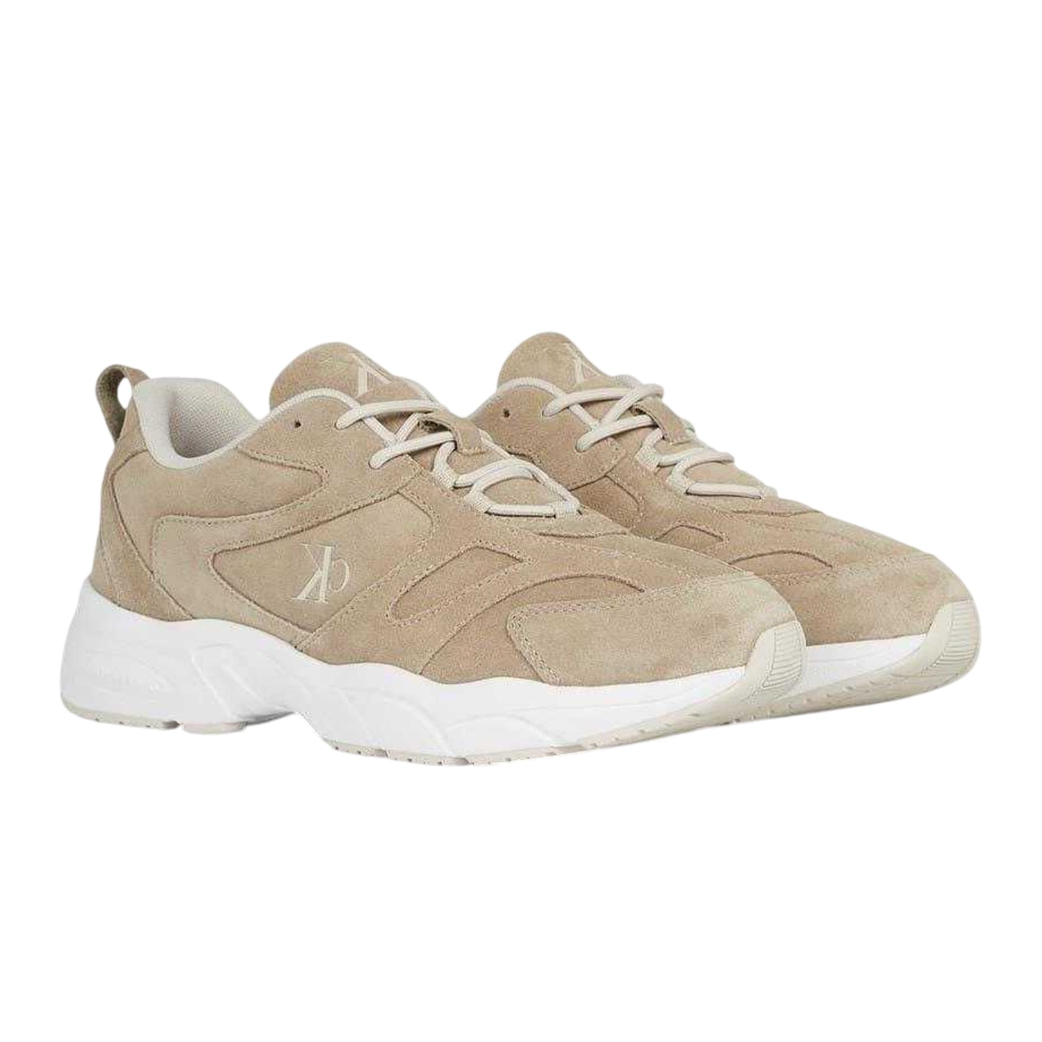 Beige-White - Front - Calvin Klein Mens Retro Suede Trainers