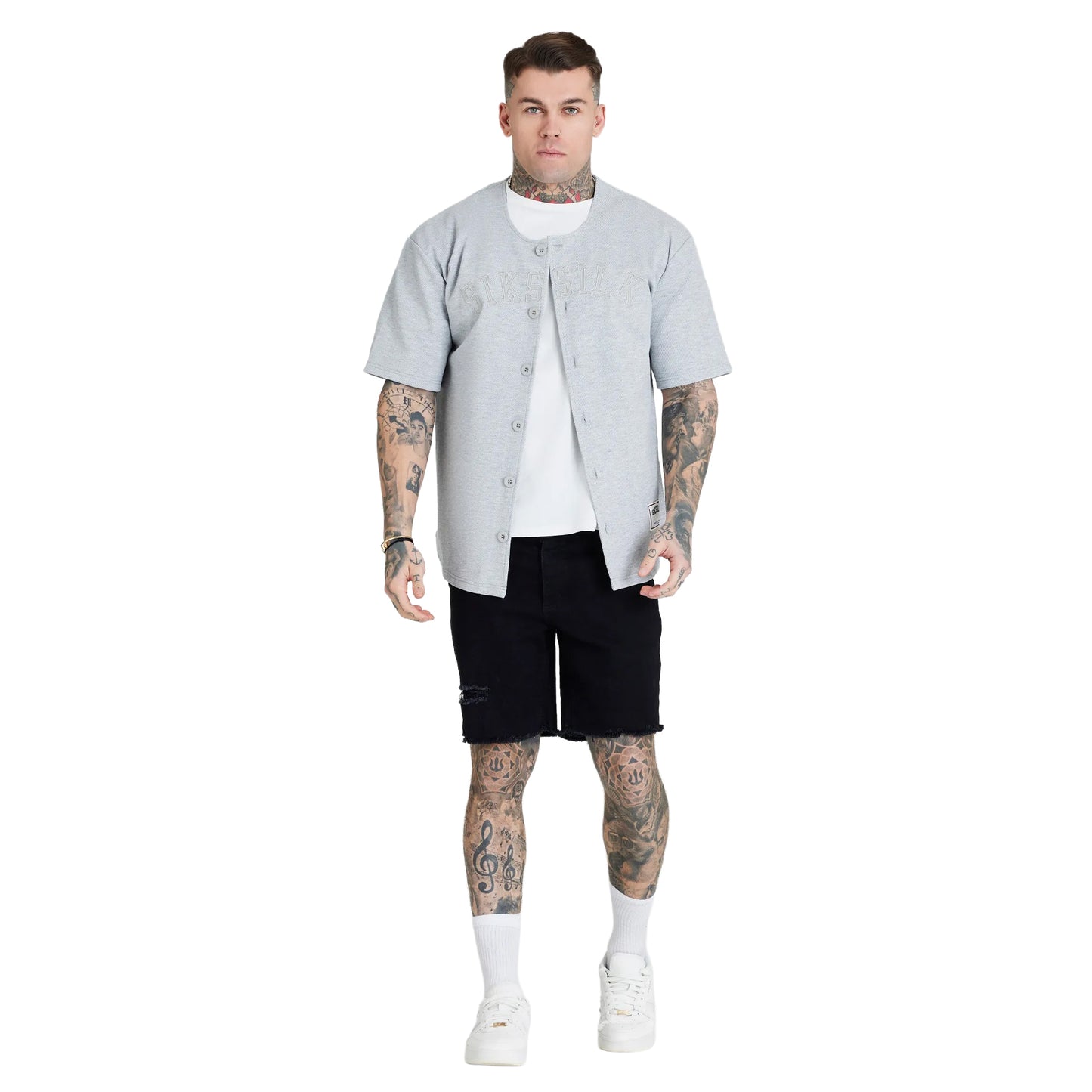 Grey Marl - Lifestyle - SikSilk Mens Applique Logo Baseball Jersey