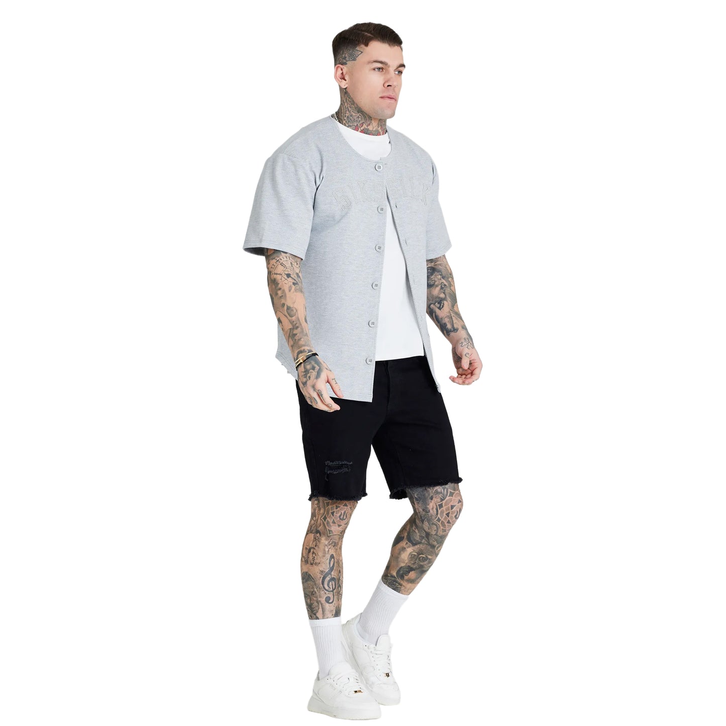 Grey Marl - Pack Shot - SikSilk Mens Applique Logo Baseball Jersey