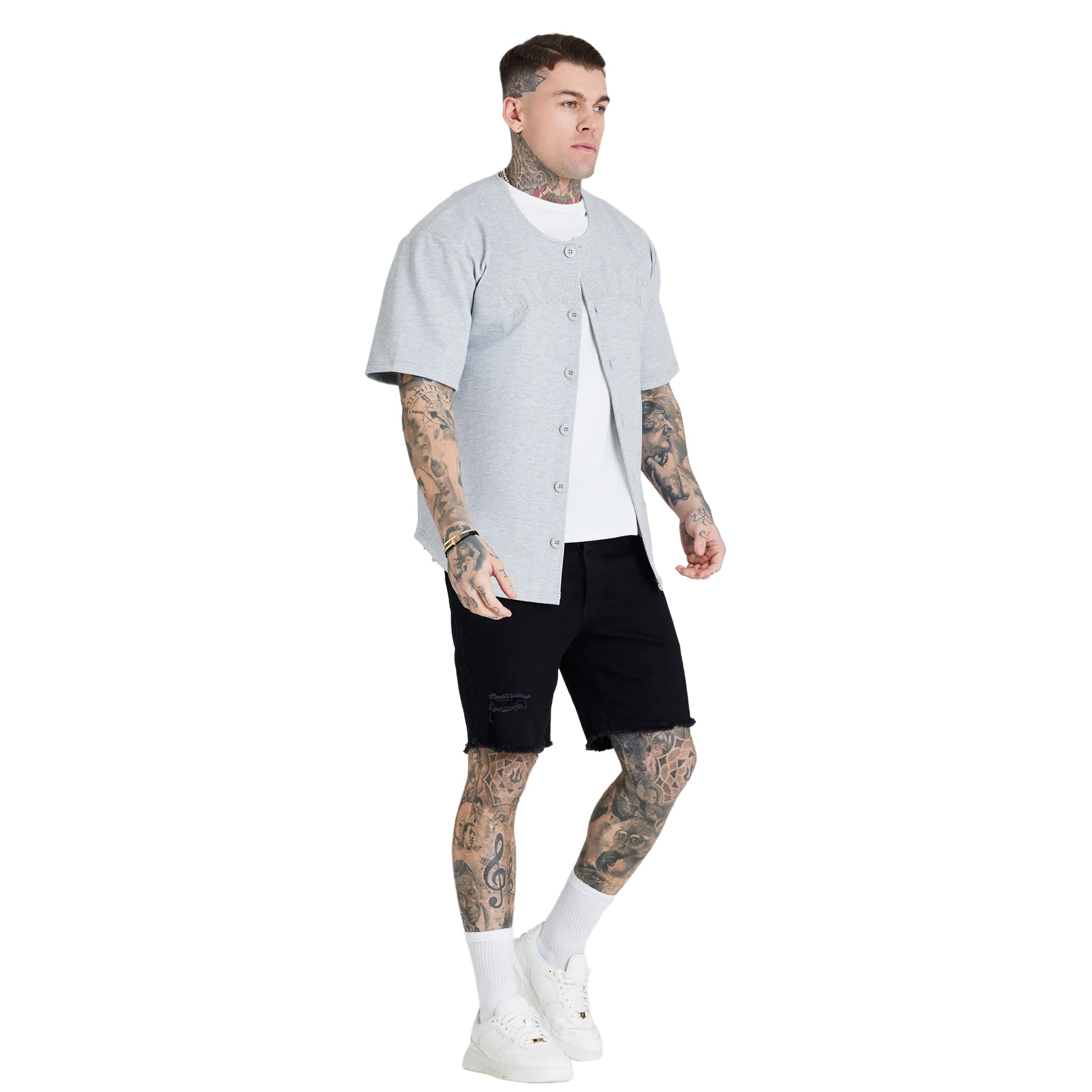 Grey Marl - Pack Shot - SikSilk Mens Applique Logo Baseball Jersey