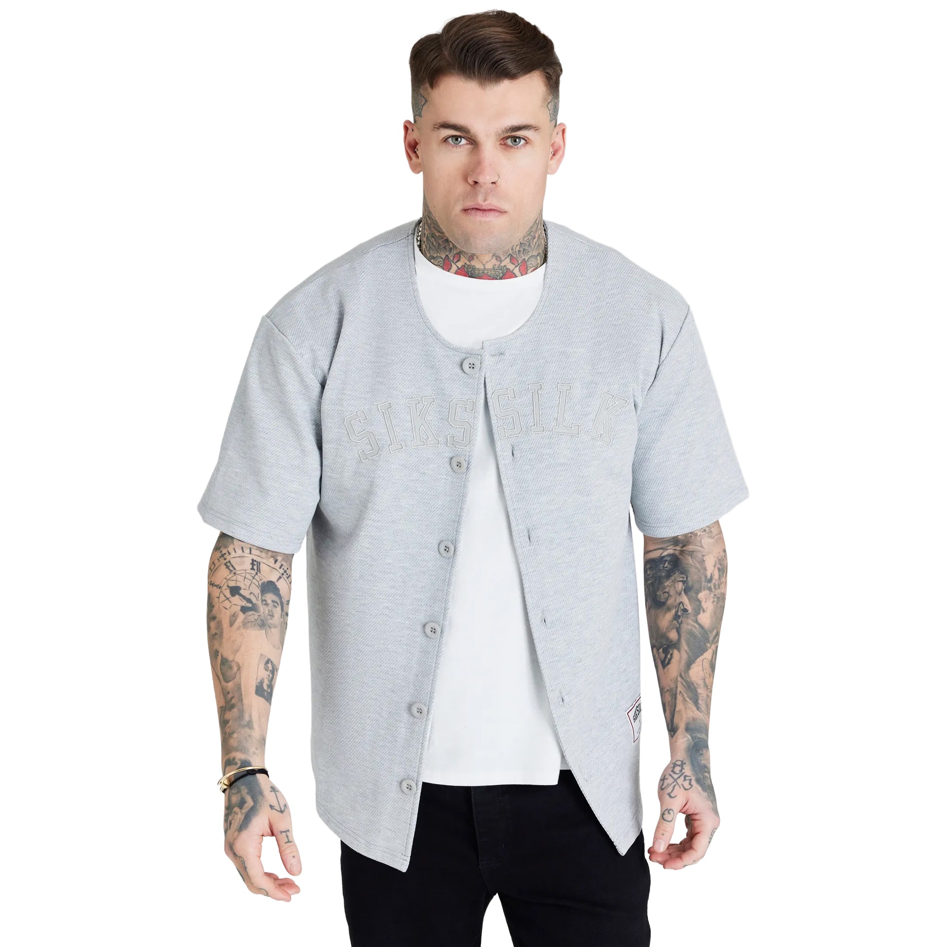 Grey Marl - Front - SikSilk Mens Applique Logo Baseball Jersey