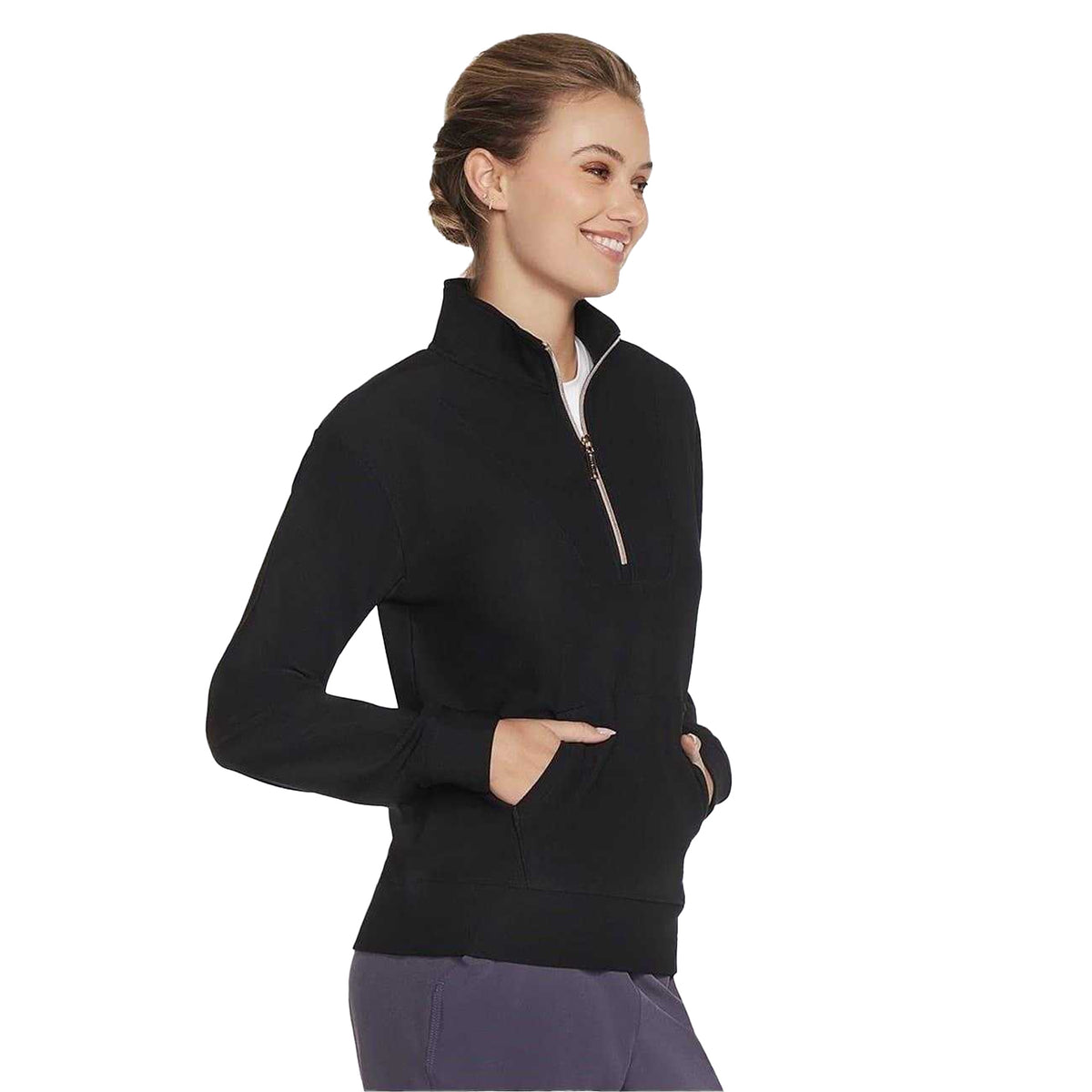 Black - Side - Skechers Womens-Ladies GoLuxe Ribbed Quarter Zip Sweatshirt