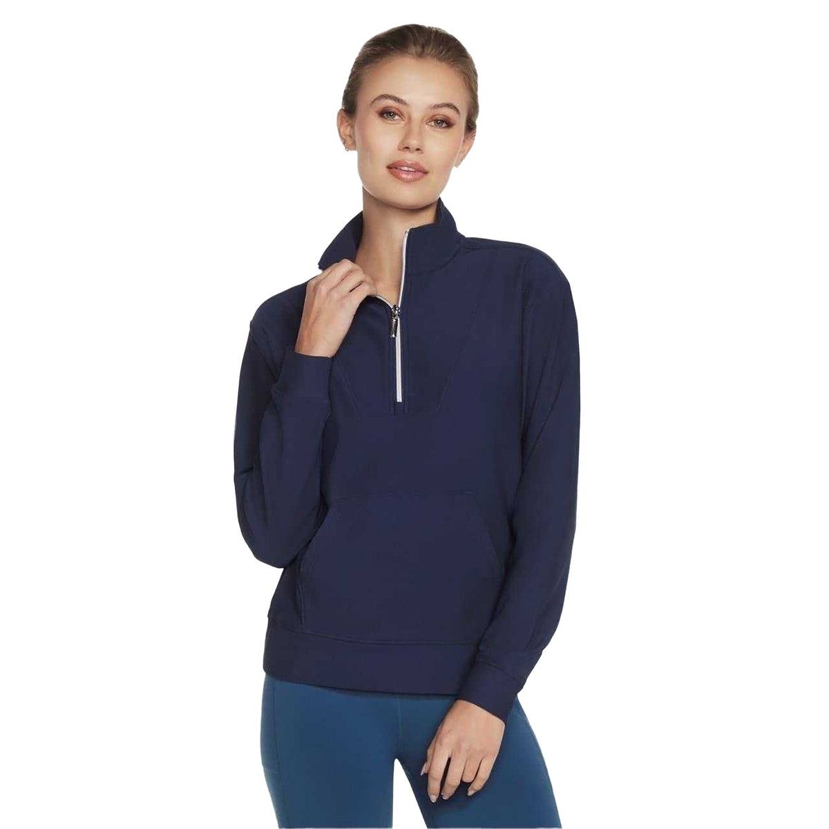 Navy - Front - Skechers Womens-Ladies GoLuxe Ribbed Quarter Zip Sweatshirt