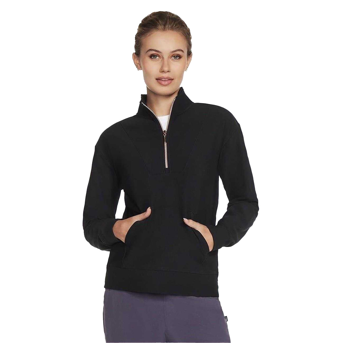 Black - Front - Skechers Womens-Ladies GoLuxe Ribbed Quarter Zip Sweatshirt