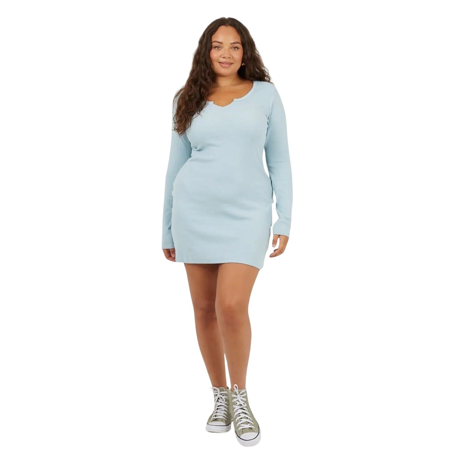 Slate Blue - Front - Brave Soul Womens-Ladies V Neck Long-Sleeved Mini Dress