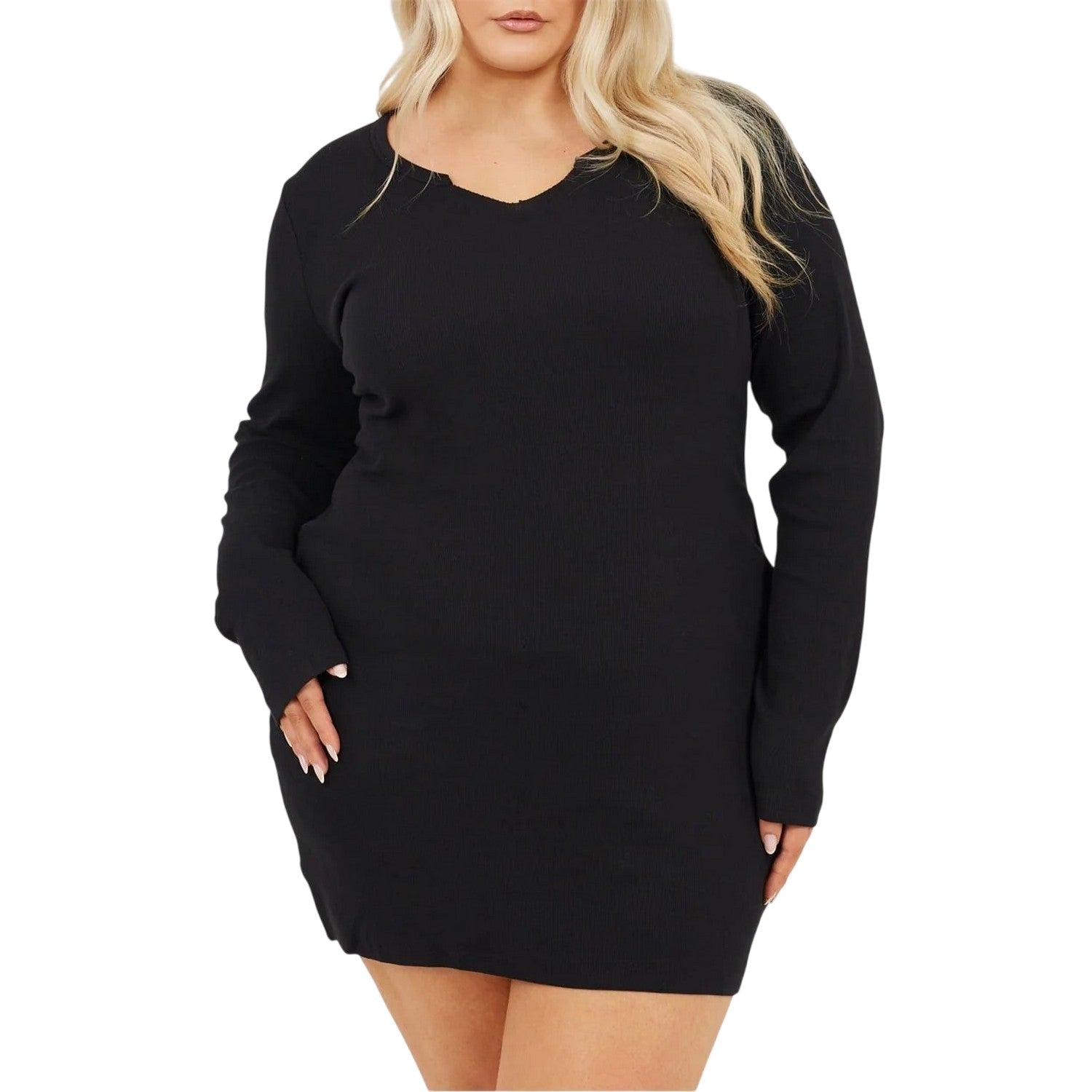 Black - Front - Brave Soul Womens-Ladies V Neck Long-Sleeved Mini Dress