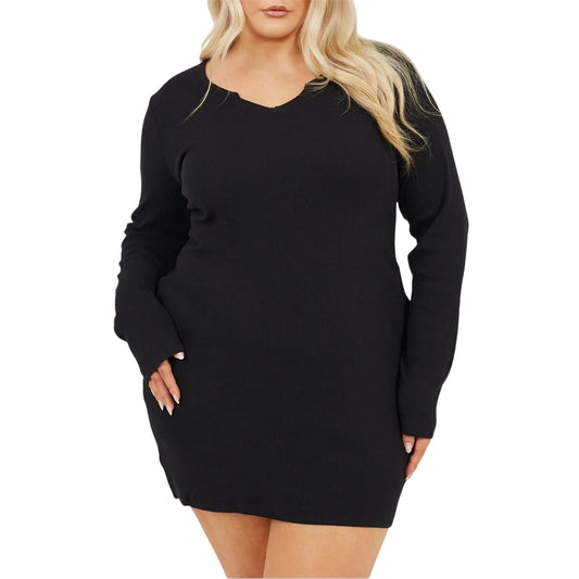 Black - Front - Brave Soul Womens-Ladies V Neck Long-Sleeved Mini Dress