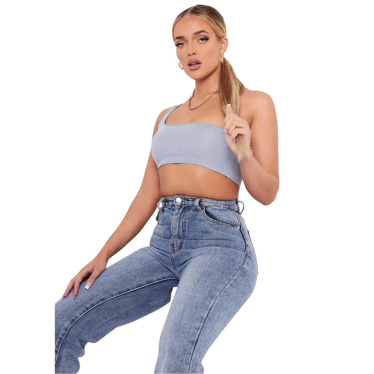Blue - Back - Missy Empire Womens-Ladies Thick One Shoulder Crop Top