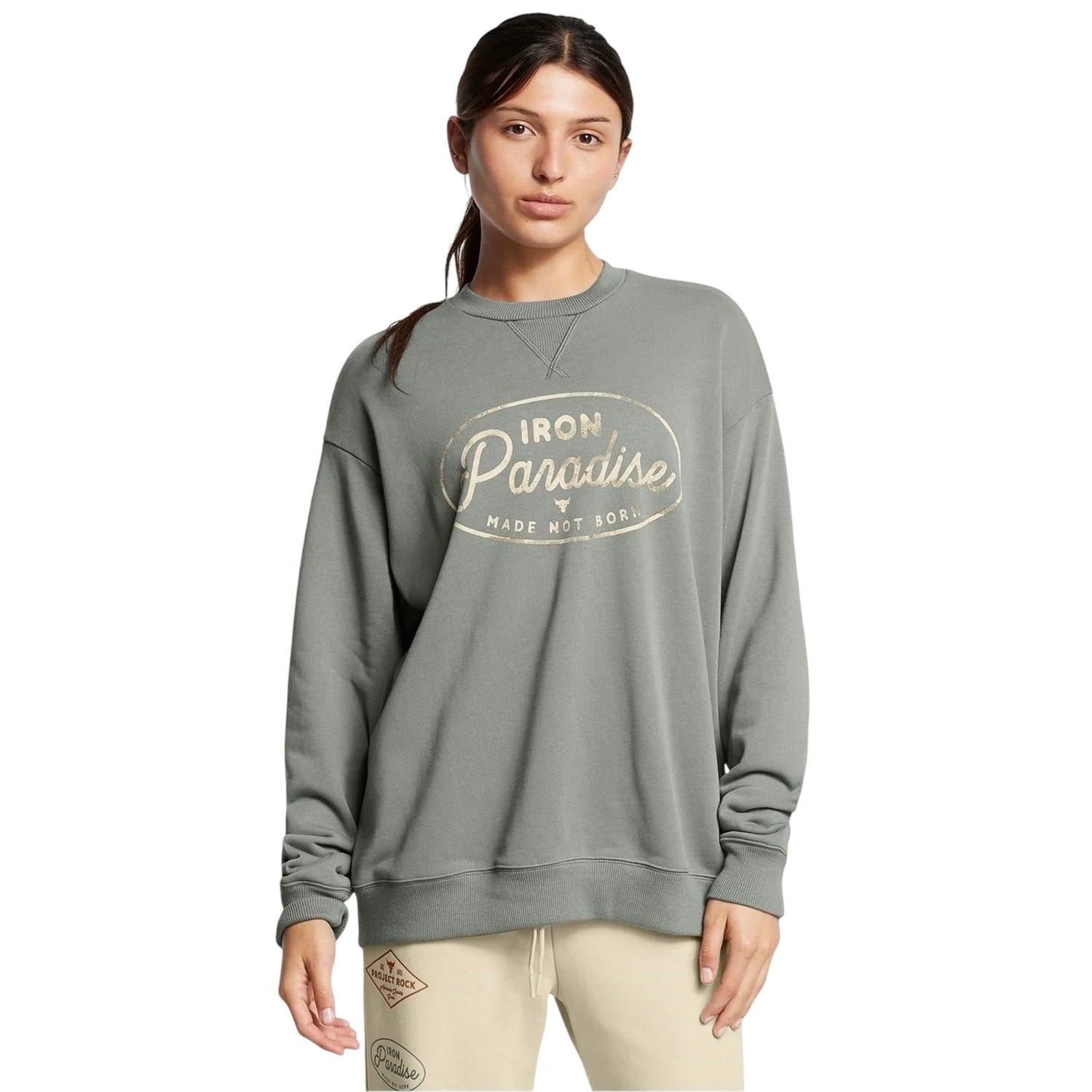 Green - Side - Under Armour Womens-Ladies Project Rock Relaxed Fit Sweatshirt