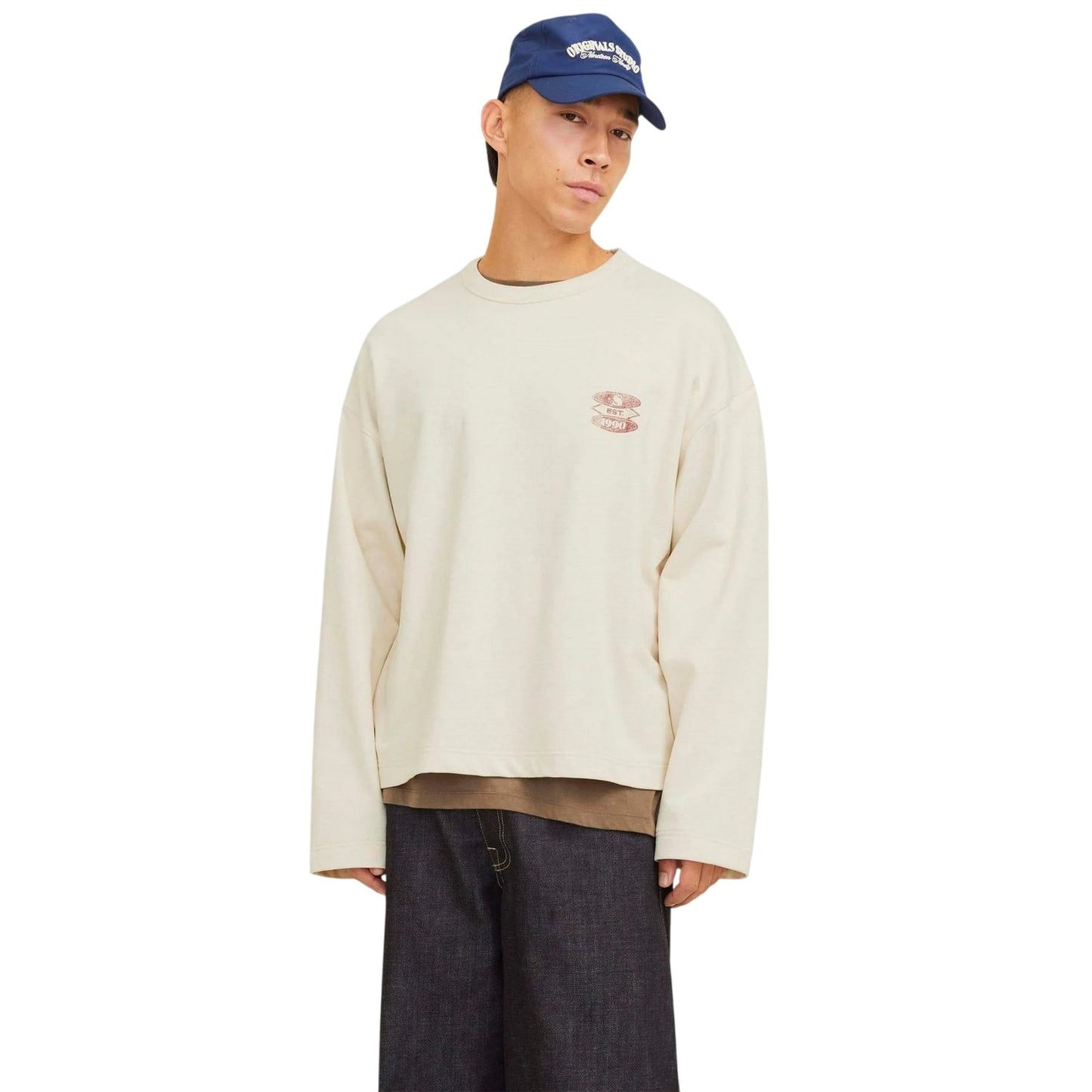 Ecru - Side - Jack And Jones Mens Graphic Print Boxy Drop Sleeve Sweatshirt