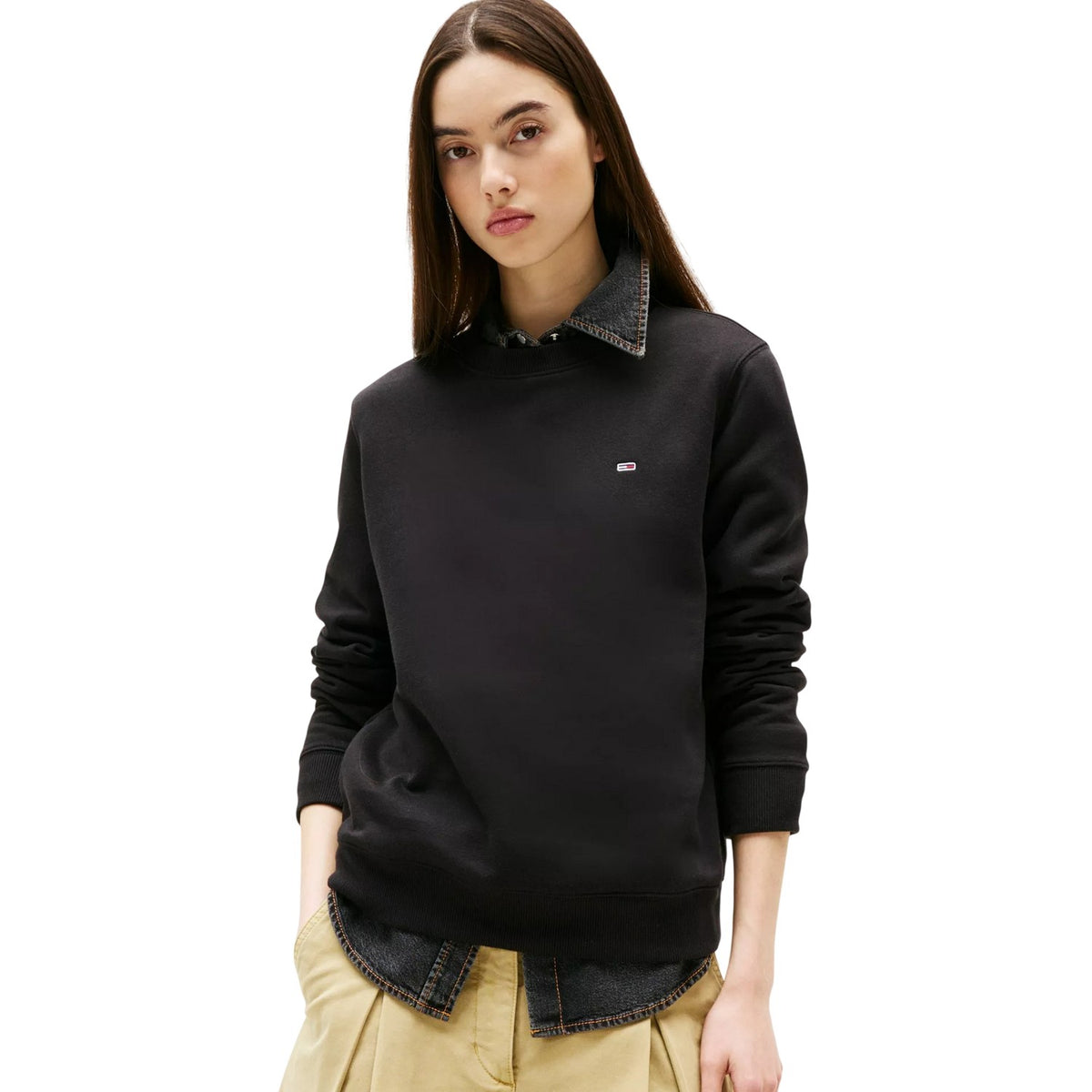 Black - Front - Tommy Jeans Womens-Ladies Embroidered Logo Brushed Fleece Sweatshirt