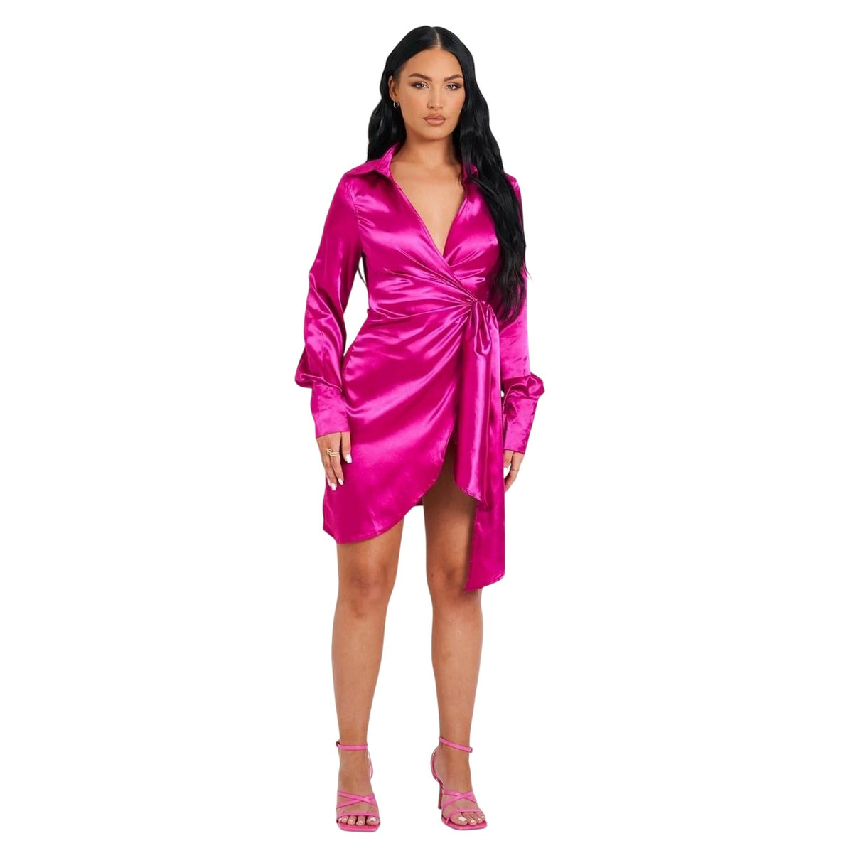 Pink - Front - Missy Empire Womens-Ladies Satin Wrap Dress