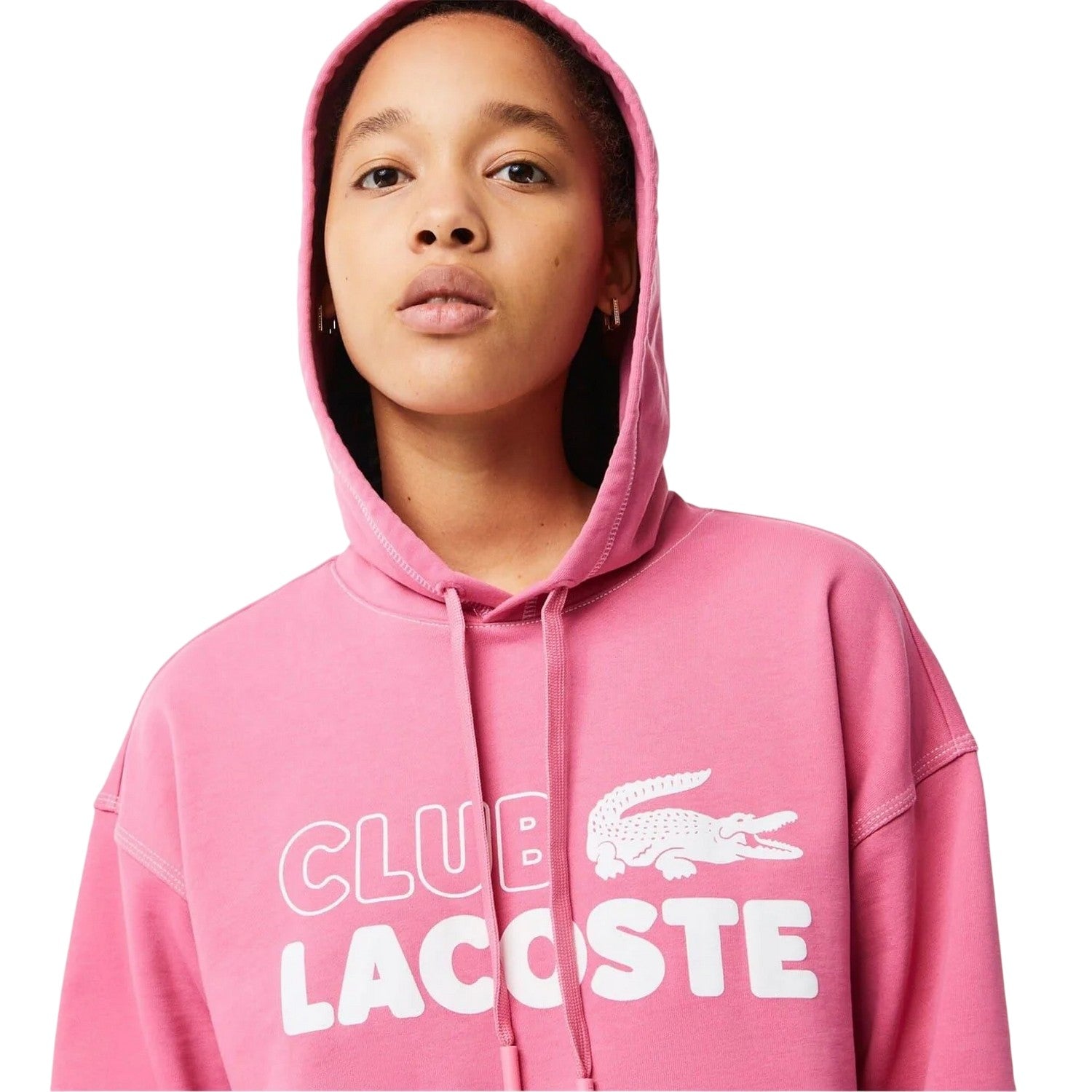 Pink - Side - Lacoste Womens-Ladies Relaxed Fit Drop Sleeve Hoodie