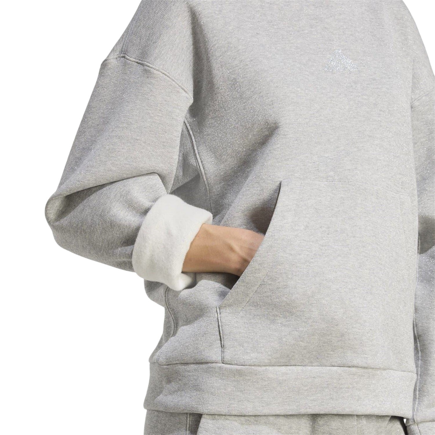 Silver - Side - Adidas Womens-Ladies Glitter Logo Oversized Drawstring Hoodie