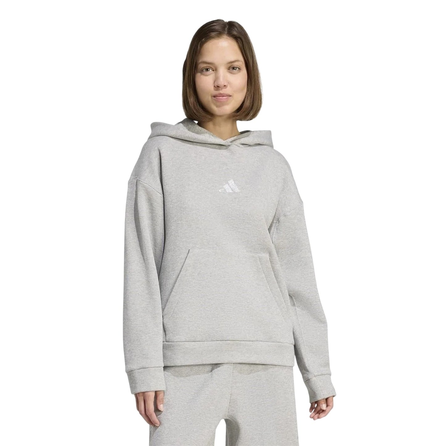 Silver - Front - Adidas Womens-Ladies Glitter Logo Oversized Drawstring Hoodie