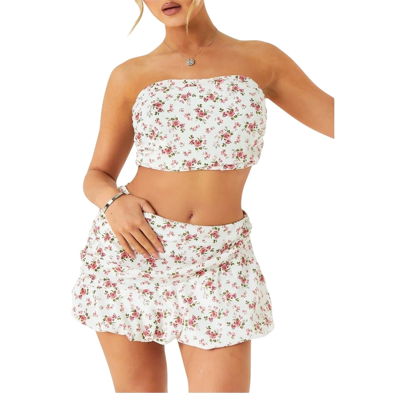 White - Side - Missy Empire Womens-Ladies Floral Ruched Crop Top