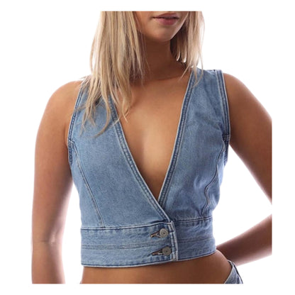 Denim - Side - Levis Womens-Ladies Raine Denim Low Plunge Sleeveless Crop Top