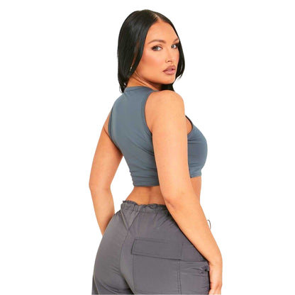 Grey - Back - Missy Empire Womens-Ladies Premium Racer Crop Top