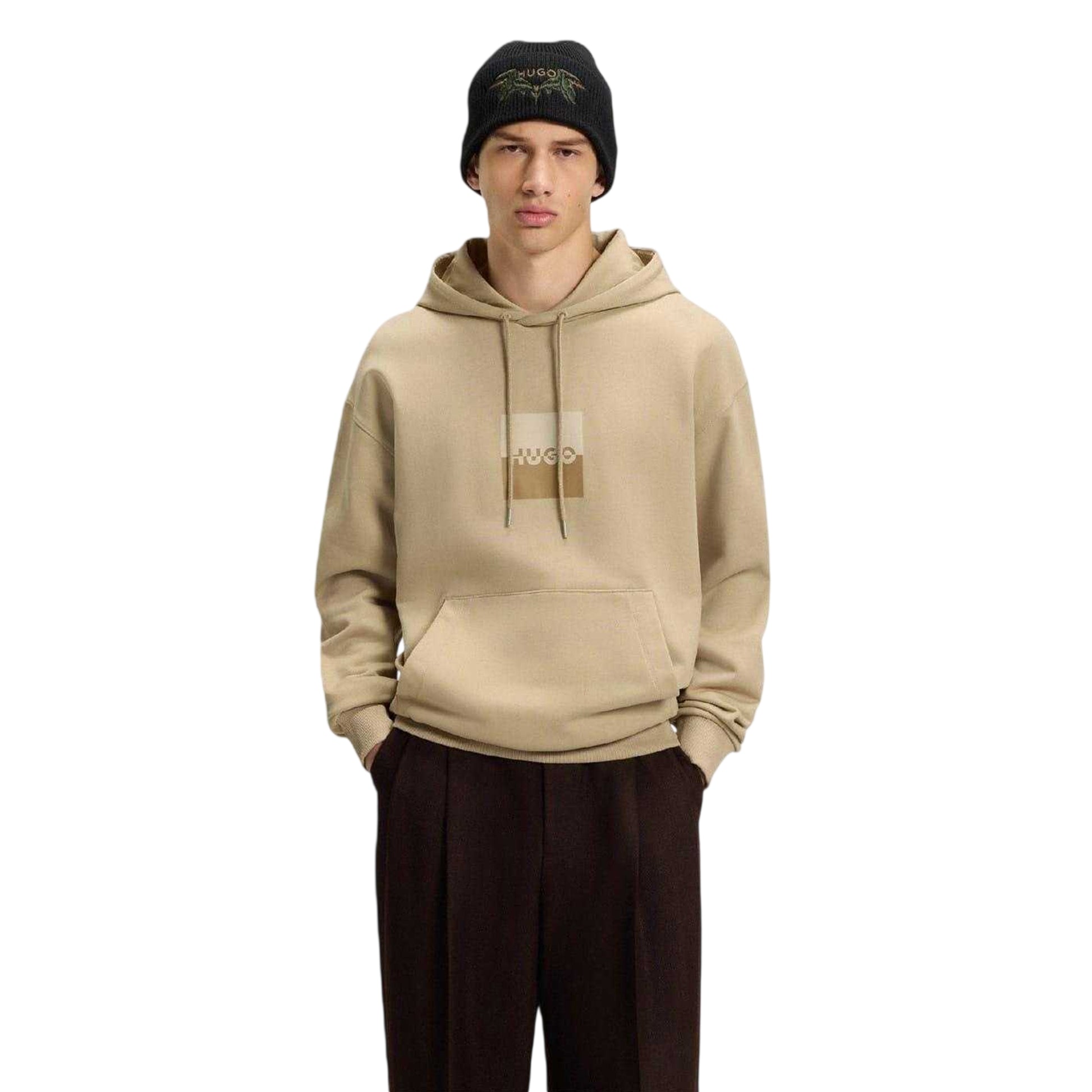 Medium Beige - Back - Hugo Mens Hooded Regular Drop Sleeve Hoodie