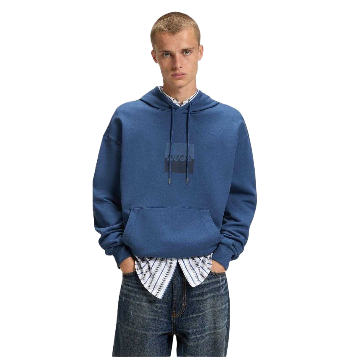Medium Blue - Back - Hugo Mens Hooded Regular Drop Sleeve Hoodie