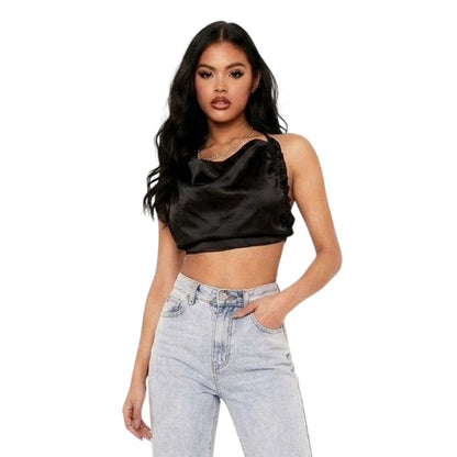 Black - Front - Missy Empire Womens-Ladies Satin Crop Top