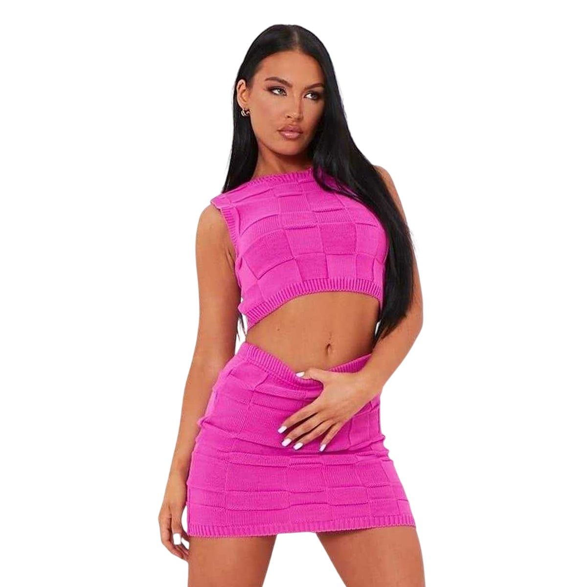 Pink - Front - Missy Empire Womens-Ladies Checkerboard Knitted Sleeveless Crop Top