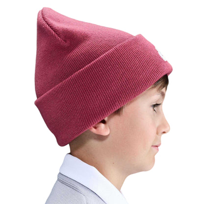 Beet Red - Side - Nike Childrens-Kids NSW Peak Embroidered Logo Ribbed Beanie