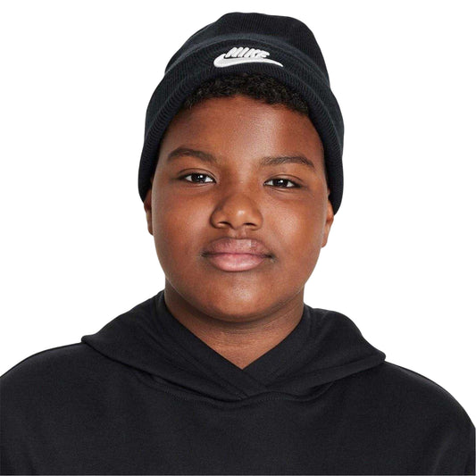 Black-White - Front - Nike Childrens-Kids NSW Peak Embroidered Logo Ribbed Beanie
