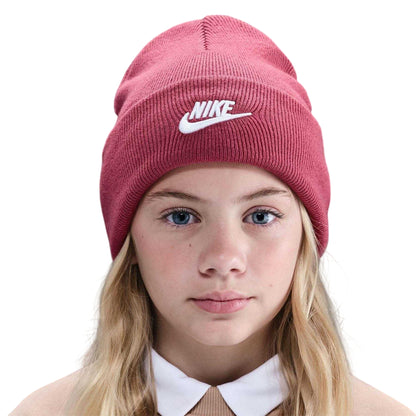 Beet Red - Front - Nike Childrens-Kids NSW Peak Embroidered Logo Ribbed Beanie