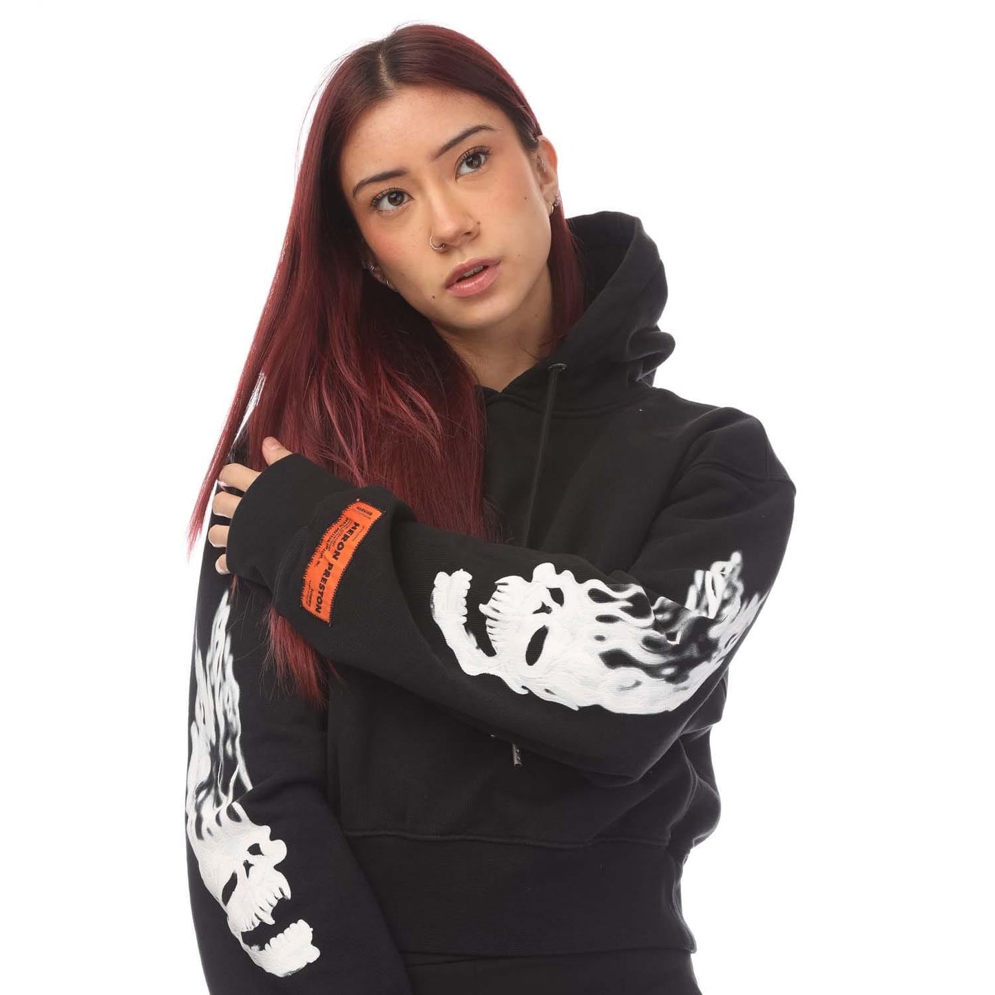 Black - Side - Heron Preston Womens-Ladies Flaming Skull Crop Hoodie