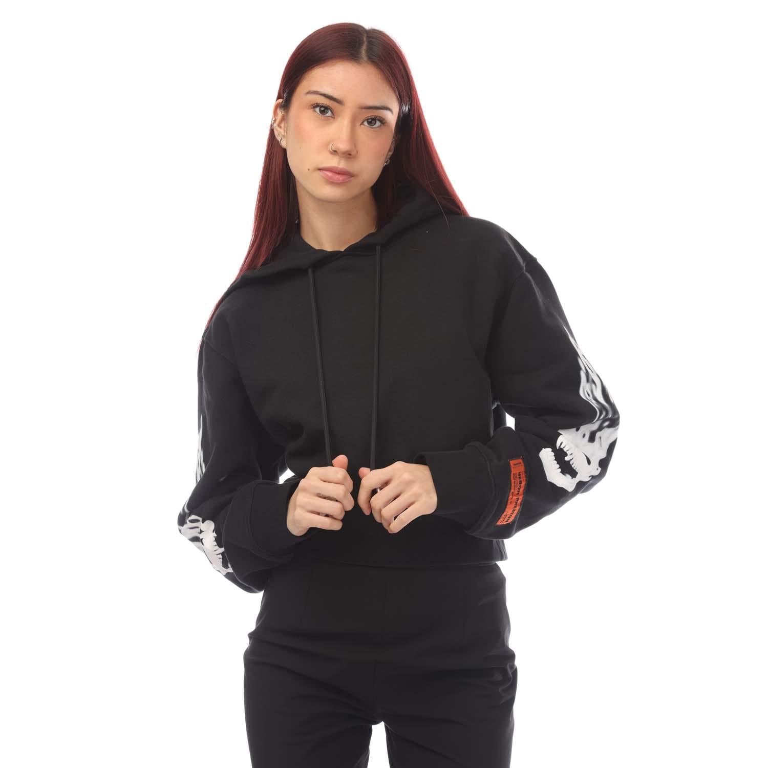 Black - Front - Heron Preston Womens-Ladies Flaming Skull Crop Hoodie