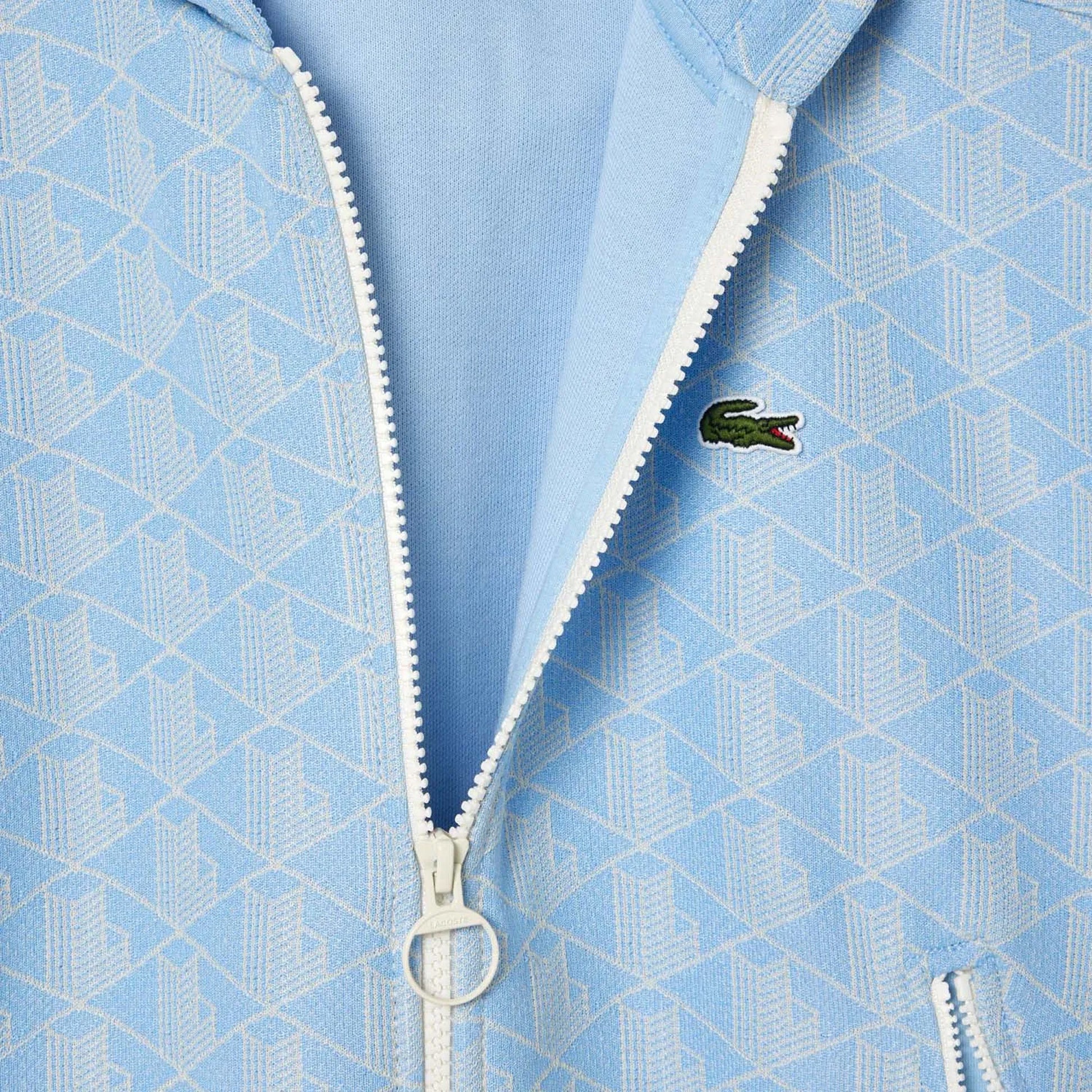 Light Blue-White - Back - Lacoste Womens-Ladies Jacquard Monogram Full Zip Hoodie