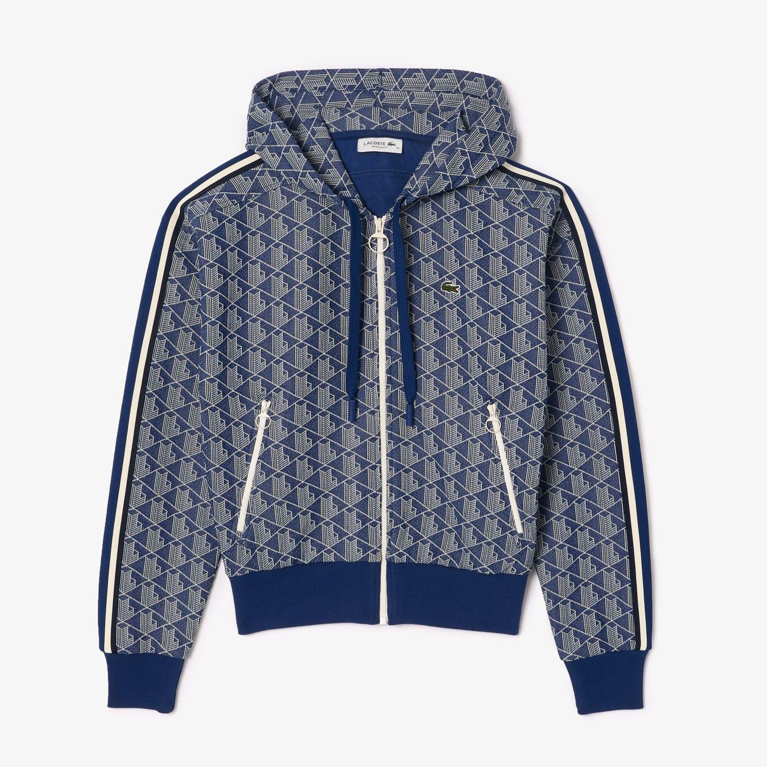 Navy - Front - Lacoste Womens-Ladies Jacquard Monogram Full Zip Hoodie